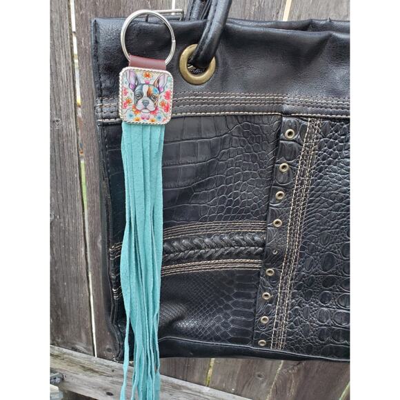 Handmade boho Boston terrier Gift Leather Fringe Western bag charm keychain - Picture 4 of 4